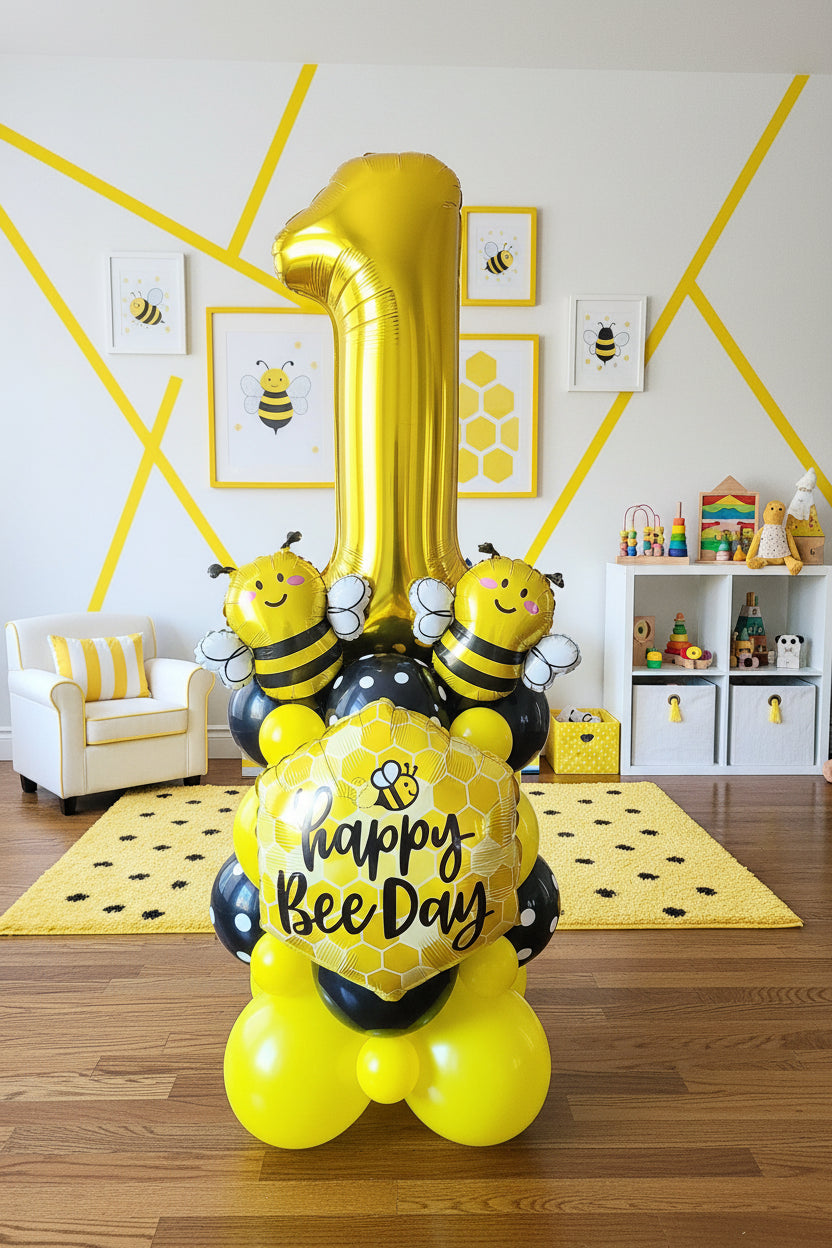 Happy Bee Day Birthday Number Balloon Bouquet